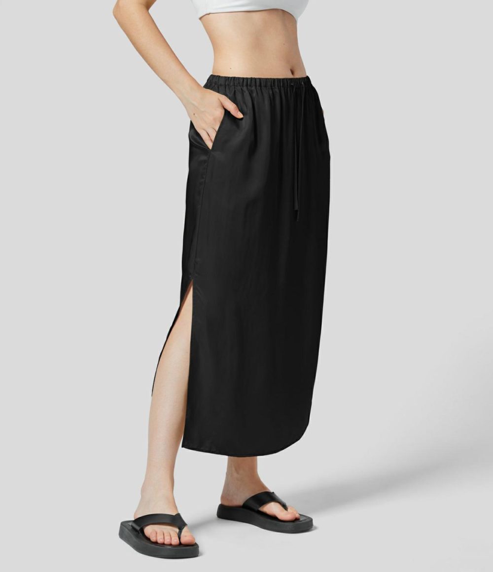 Mid Rise Drawstring Side Pocket Split Midi Satin-Like Casual Skirt  | Womens  Everyday Skirts Clothing Everyday Skirts