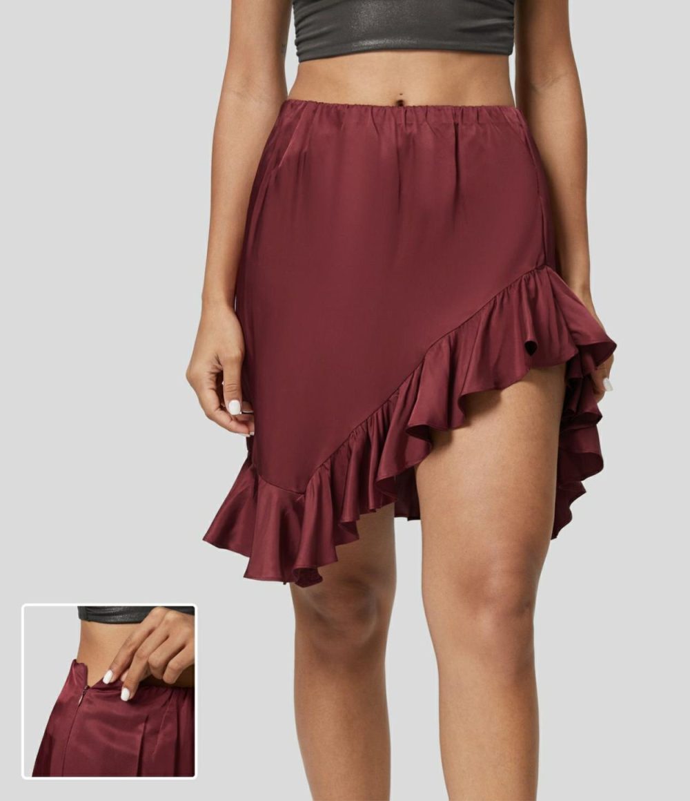 Mid Rise Elastic Waistband Asymmetric Ruffle Hem Solid Mini Satin-Like Party Skirt  | Womens  Mini Skirts Clothing Burnt Russet/Black