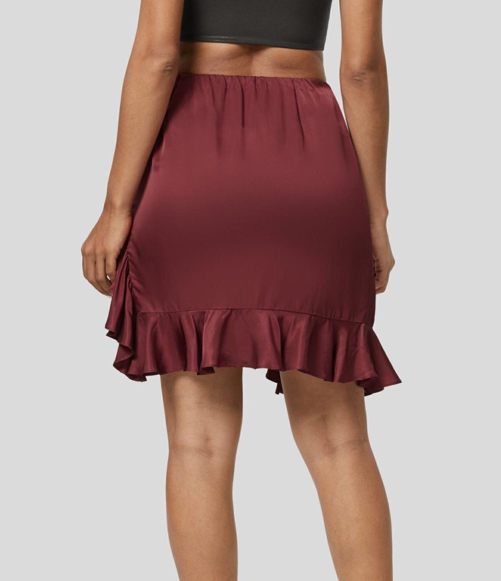 Mid Rise Elastic Waistband Asymmetric Ruffle Hem Solid Mini Satin-Like Party Skirt  | Womens  Mini Skirts Clothing Burnt Russet/Black