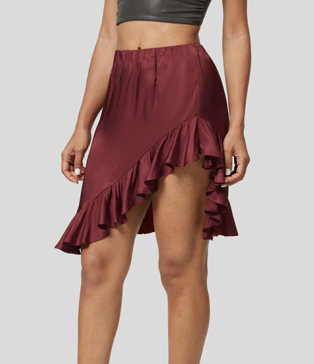 Mid Rise Elastic Waistband Asymmetric Ruffle Hem Solid Mini Satin-Like Party Skirt  | Womens  Mini Skirts Clothing Burnt Russet/Black