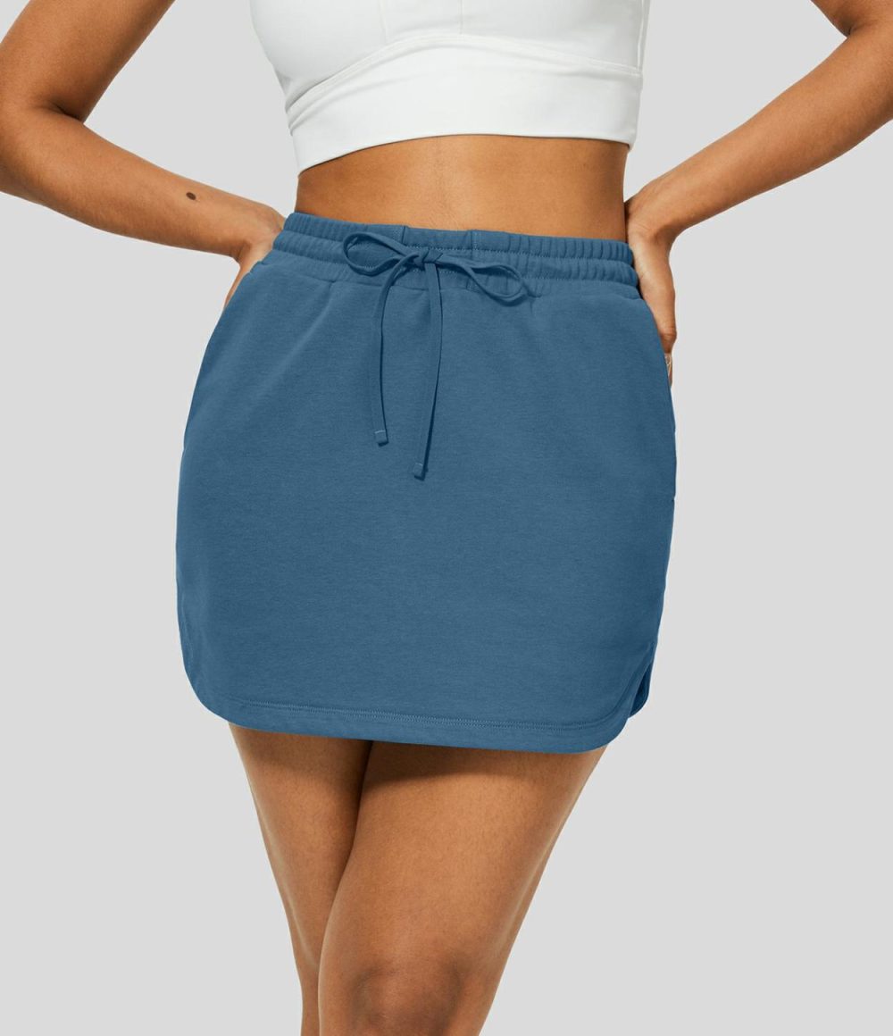 Mid Rise Elastic Waistband Drawstring Side Pocket Curved Hem Mini Casual Cotton Skirt  | Womens  Mini Skirts Clothing Mini Skirts