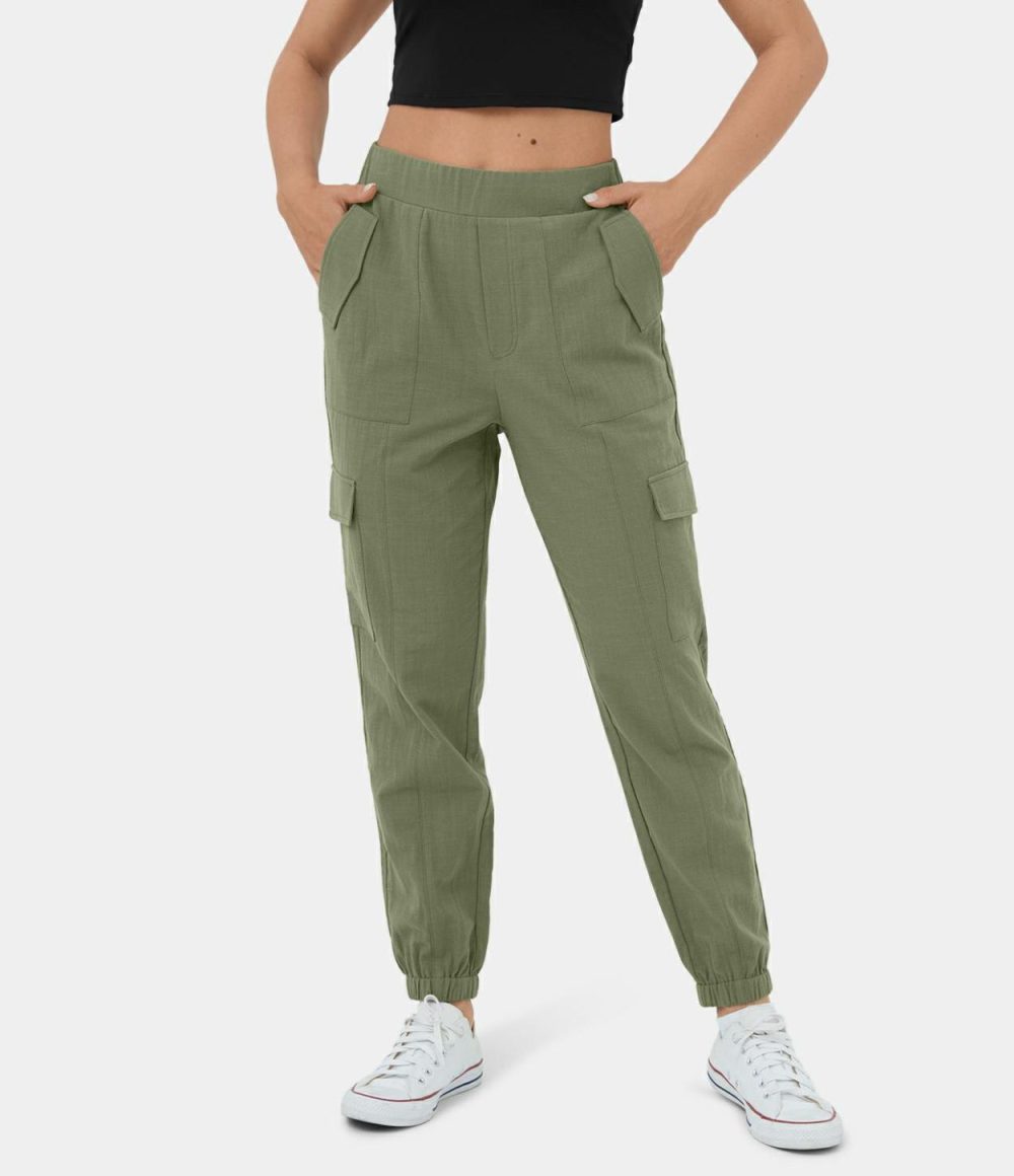 Mid Rise Elastic Waistband Multiple Pockets Casual Cargo Linen-Feel Joggers  | Womens  Cargo Pants Cargo Pants Cargo Pants