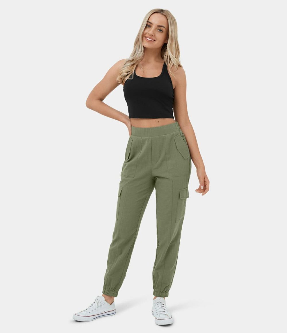 Mid Rise Elastic Waistband Multiple Pockets Casual Cargo Linen-Feel Joggers  | Womens  Cargo Pants Cargo Pants Cargo Pants