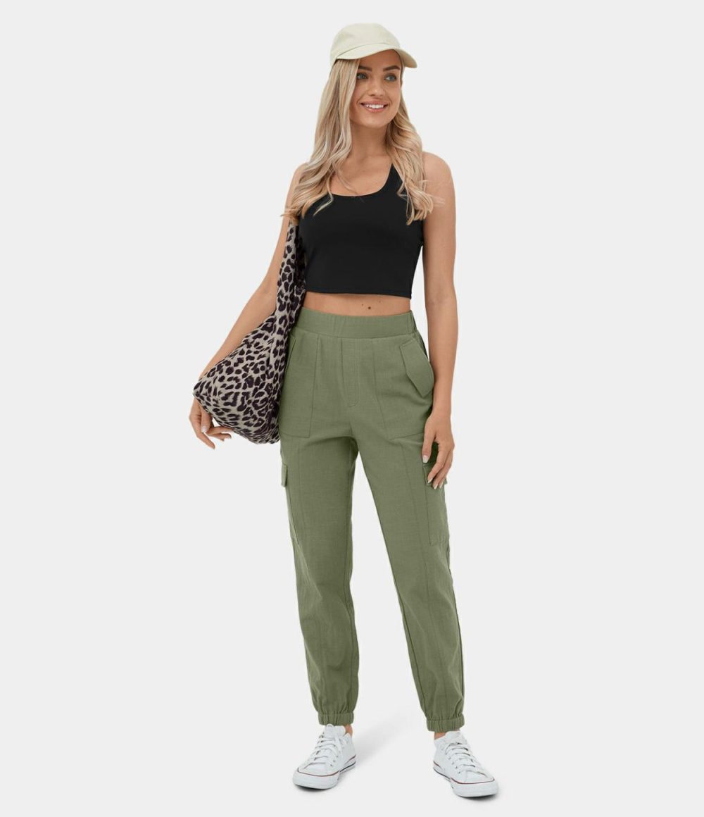 Mid Rise Elastic Waistband Multiple Pockets Casual Cargo Linen-Feel Joggers  | Womens  Cargo Pants Cargo Pants Cargo Pants