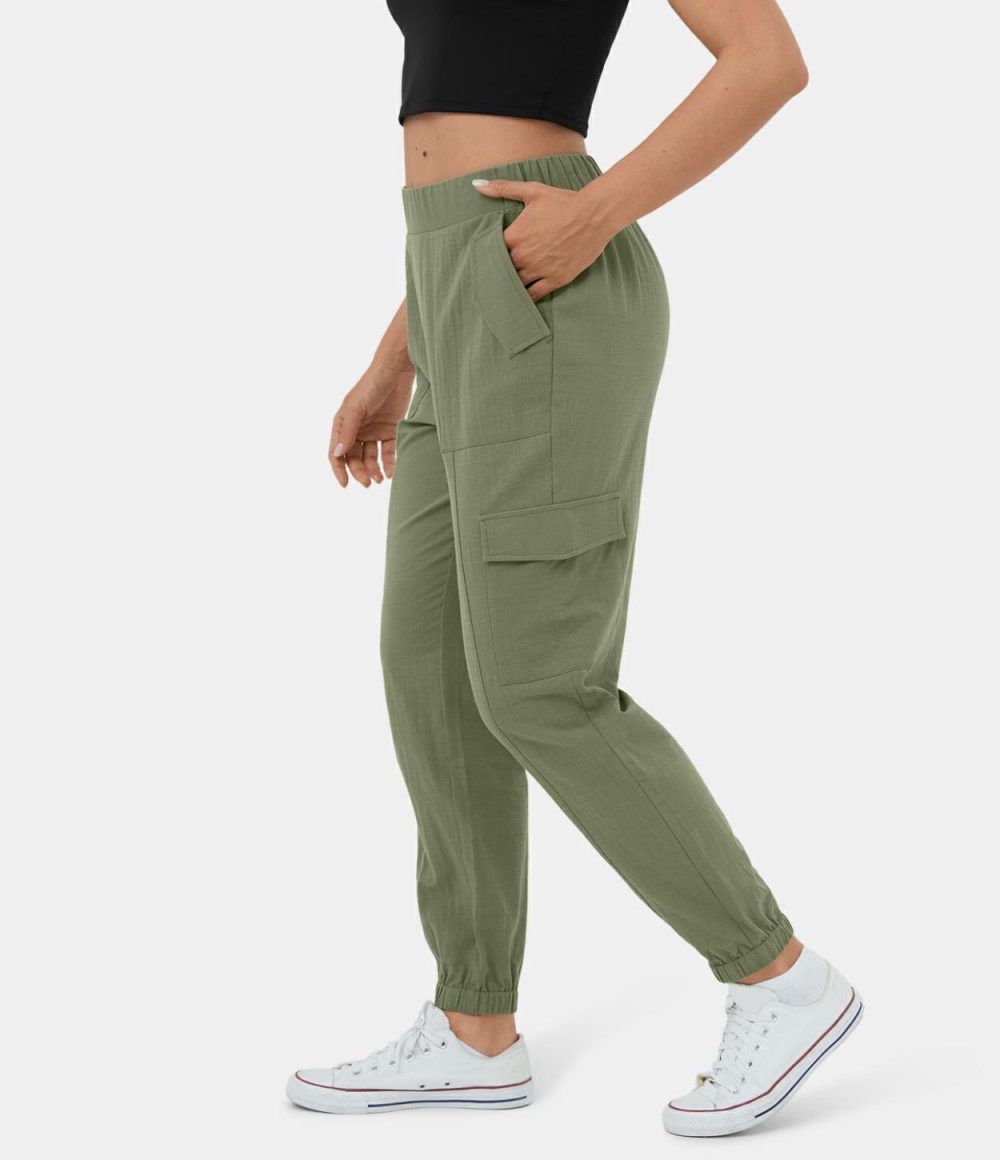 Mid Rise Elastic Waistband Multiple Pockets Casual Cargo Linen-Feel Joggers  | Womens  Cargo Pants Cargo Pants Cargo Pants