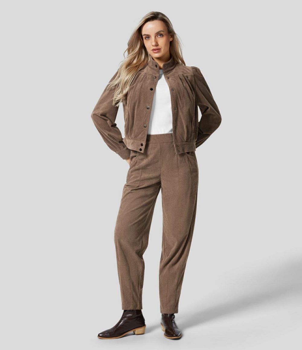 Mid Rise Elastic Waistband Multiple Pockets Work Corduroy Pants  | Womens  Active Work Pants Active Work Pants Active Work Pants