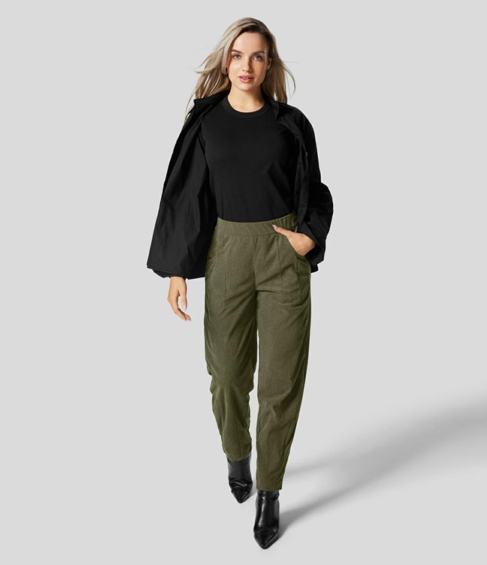 Mid Rise Elastic Waistband Multiple Pockets Work Corduroy Pants  | Womens  Active Work Pants Active Work Pants Active Work Pants