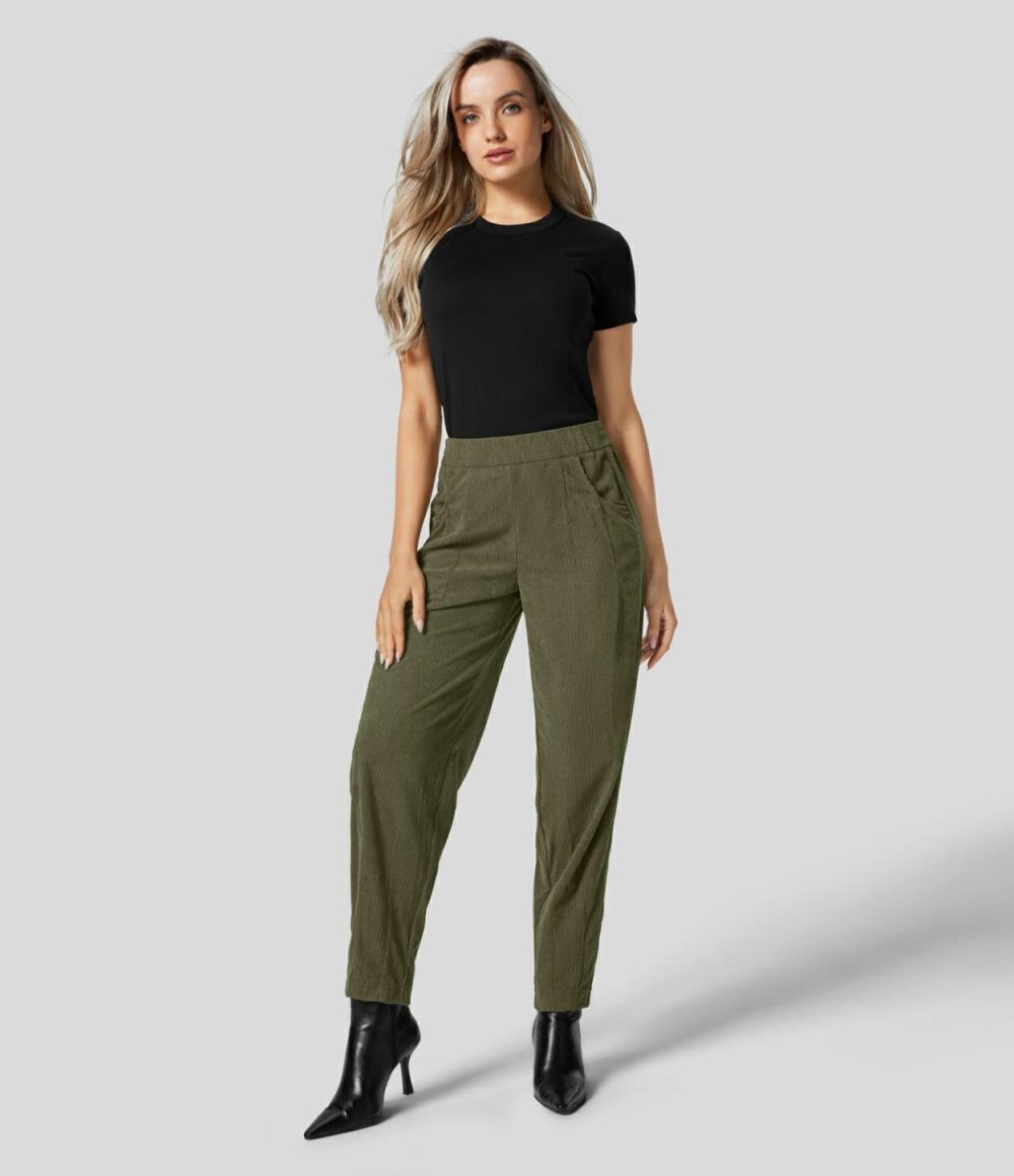 Mid Rise Elastic Waistband Multiple Pockets Work Corduroy Pants  | Womens  Active Work Pants Active Work Pants Active Work Pants