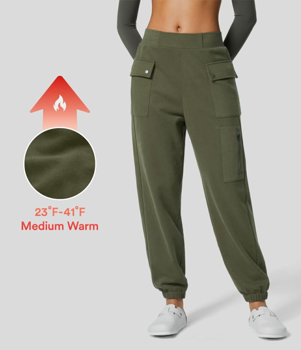 Mid Rise Elastic Waistband Multiple Pockets Zipper Fleece Hiking Cotton Cargo Sweatpants  | Womens  Cargo Pants Cargo Pants Cargo Pants