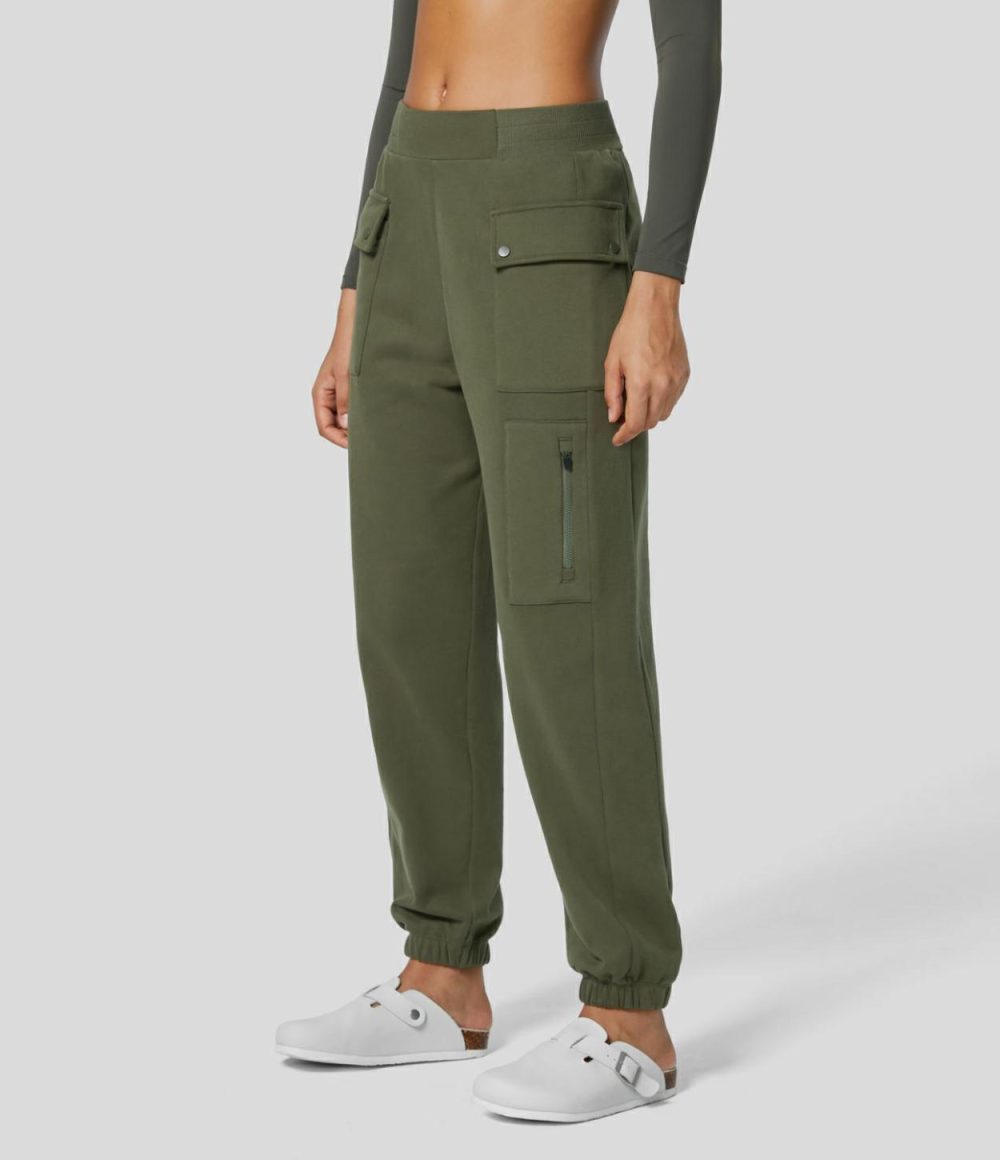 Mid Rise Elastic Waistband Multiple Pockets Zipper Fleece Hiking Cotton Cargo Sweatpants  | Womens  Cargo Pants Cargo Pants Cargo Pants