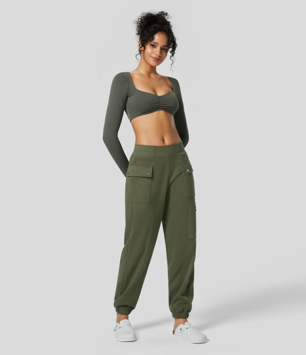 Mid Rise Elastic Waistband Multiple Pockets Zipper Fleece Hiking Cotton Cargo Sweatpants  | Womens  Cargo Pants Cargo Pants Cargo Pants