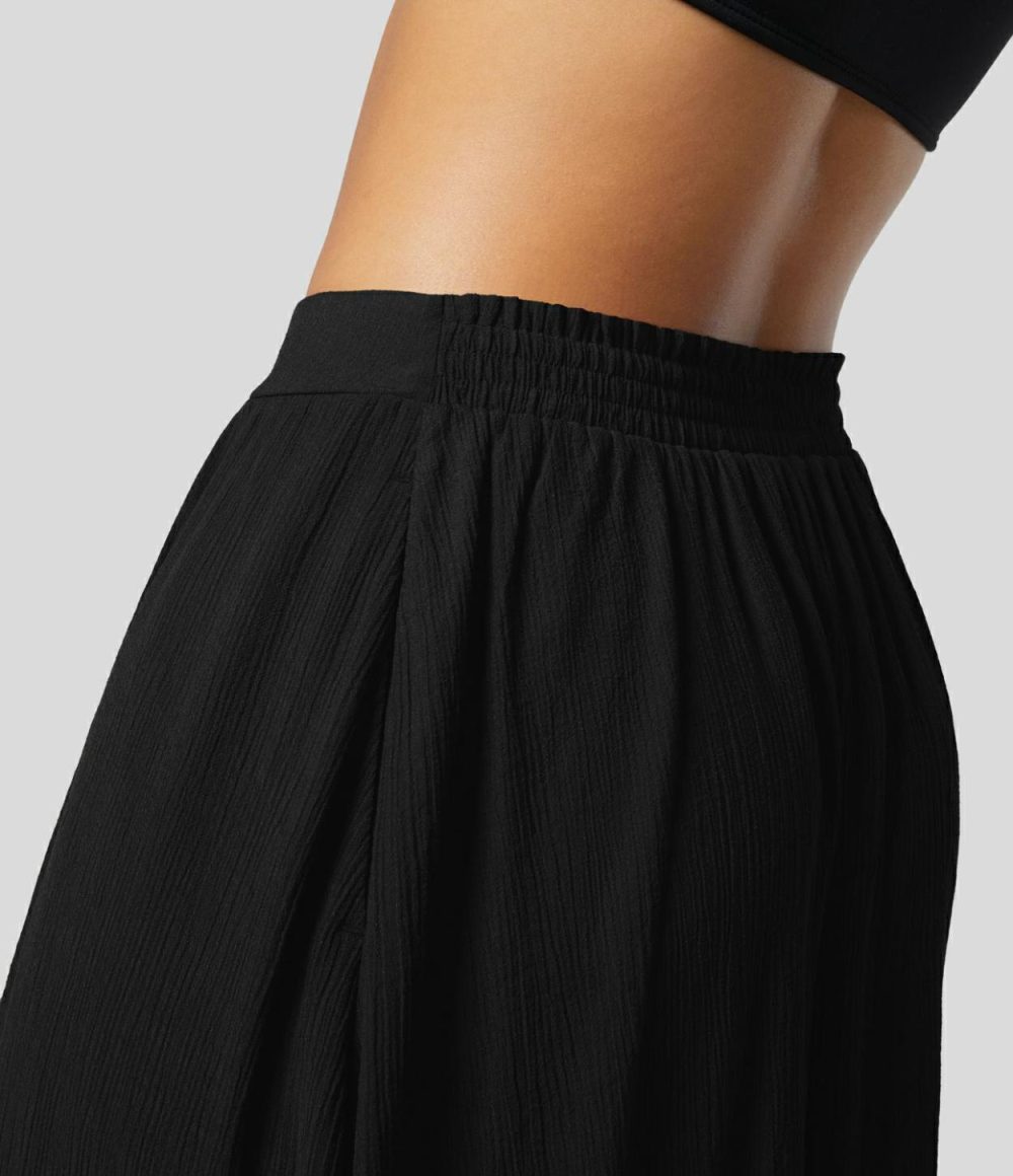 Mid Rise Elastic Waistband Side Pocket Hanky Hem Flowy Midi Flare Casual Skirt  | Womens  Everyday Skirts Clothing Brandy Snifter/Black