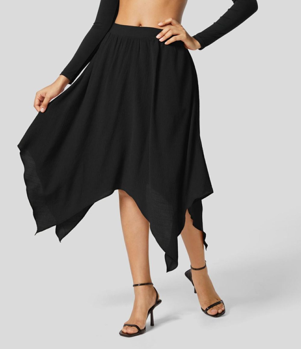 Mid Rise Elastic Waistband Side Pocket Hanky Hem Flowy Midi Flare Casual Skirt  | Womens  Everyday Skirts Clothing Brandy Snifter/Black