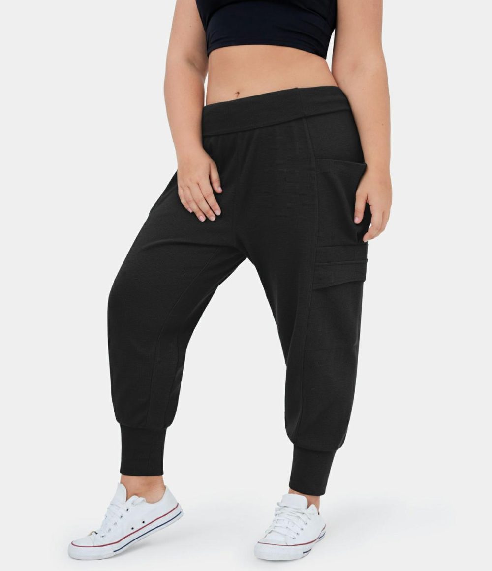 Mid Rise Foldover Side Pocket Plus Size Waffle Harem Dance Cargo Joggers  | Womens  Cargo Pants Cargo Pants Black