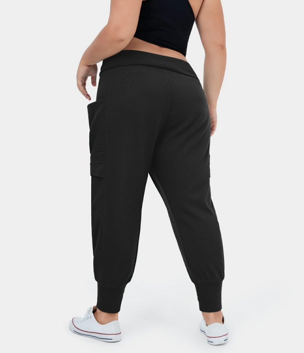 Mid Rise Foldover Side Pocket Plus Size Waffle Harem Dance Cargo Joggers  | Womens  Cargo Pants Cargo Pants Black