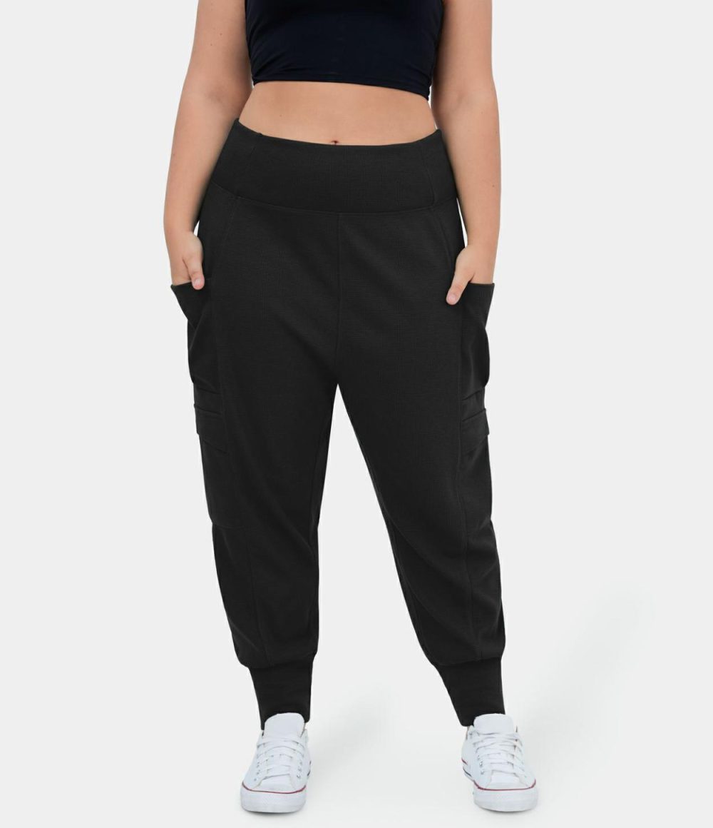 Mid Rise Foldover Side Pocket Plus Size Waffle Harem Dance Cargo Joggers  | Womens  Cargo Pants Cargo Pants Black