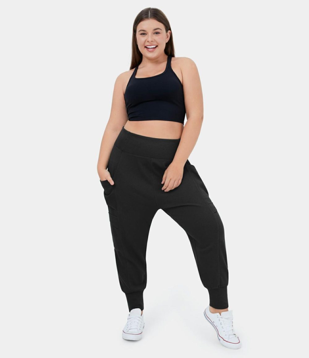 Mid Rise Foldover Side Pocket Plus Size Waffle Harem Dance Cargo Joggers  | Womens  Cargo Pants Cargo Pants Black