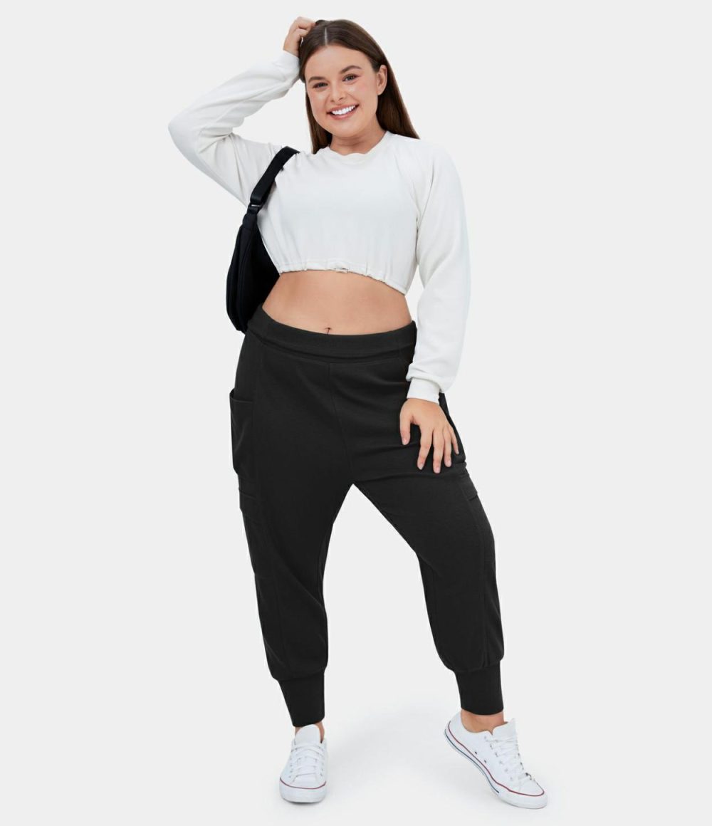 Mid Rise Foldover Side Pocket Plus Size Waffle Harem Dance Cargo Joggers  | Womens  Cargo Pants Cargo Pants Black