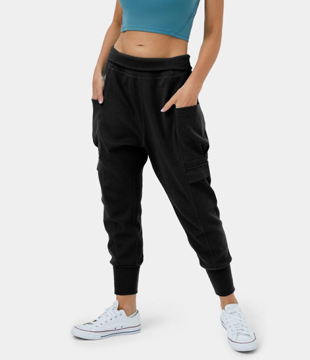 Mid Rise Foldover Side Pocket Waffle Harem Dance Cargo Joggers  | Womens  Cargo Pants Cargo Pants Cargo Pants