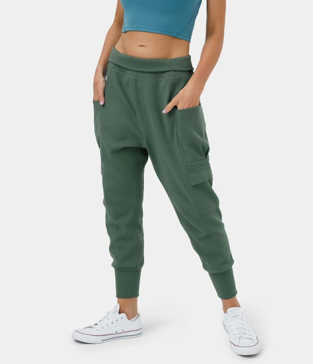 Mid Rise Foldover Side Pocket Waffle Harem Dance Cargo Joggers  | Womens  Cargo Pants Cargo Pants Cargo Pants