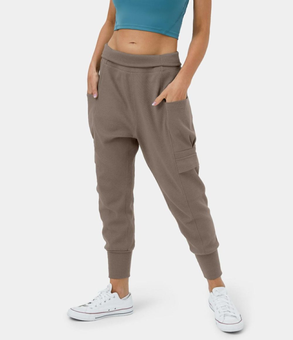 Mid Rise Foldover Side Pocket Waffle Harem Dance Cargo Joggers  | Womens  Cargo Pants Cargo Pants Cargo Pants