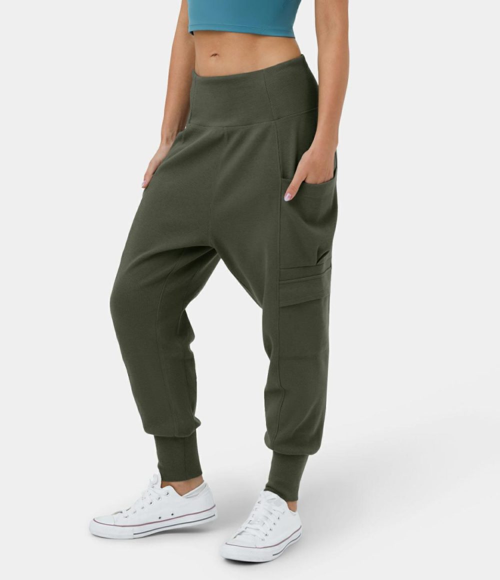 Mid Rise Foldover Side Pocket Waffle Harem Dance Cargo Joggers  | Womens  Cargo Pants Cargo Pants Cargo Pants