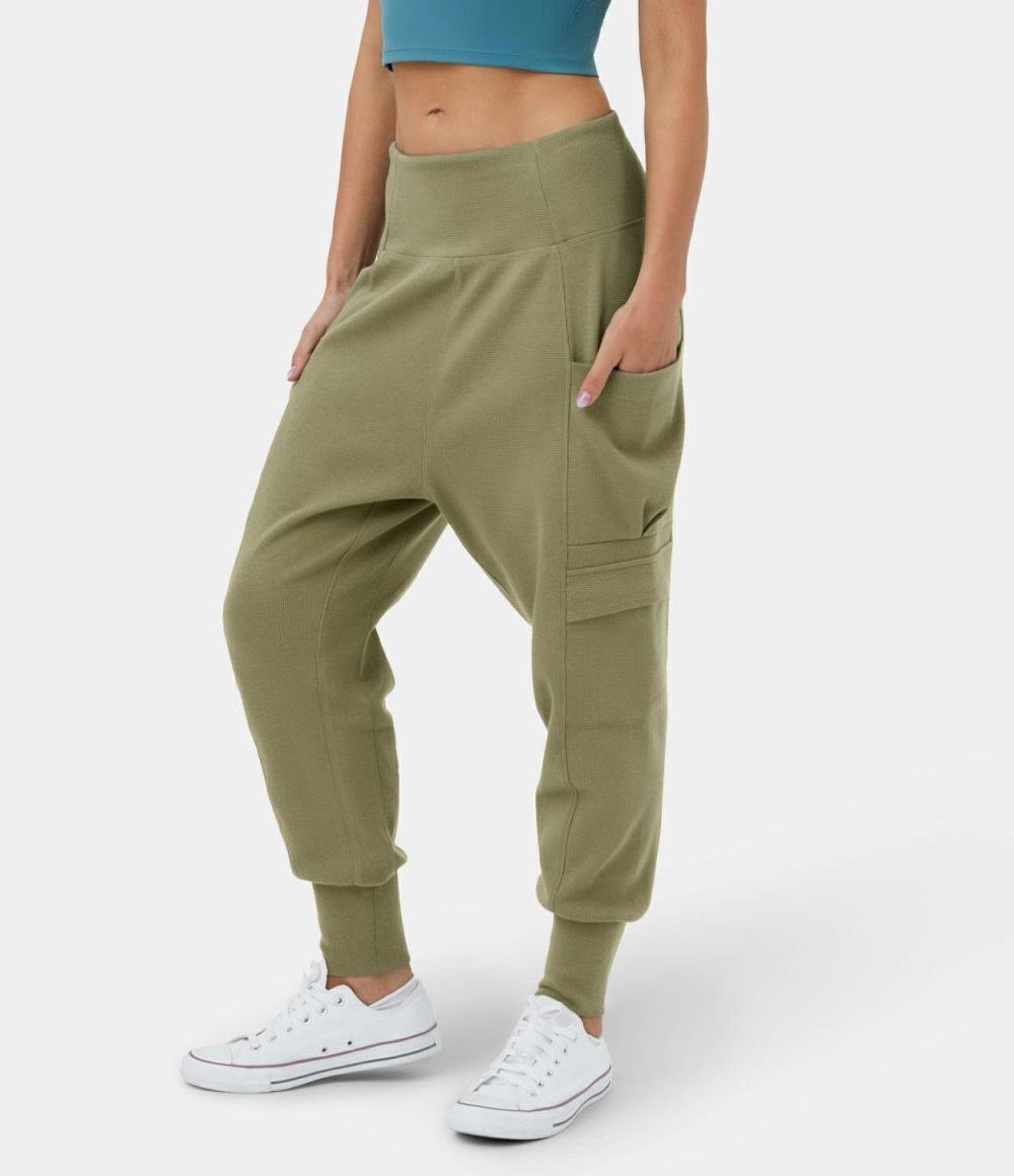 Mid Rise Foldover Side Pocket Waffle Harem Dance Cargo Joggers  | Womens  Cargo Pants Cargo Pants Cargo Pants