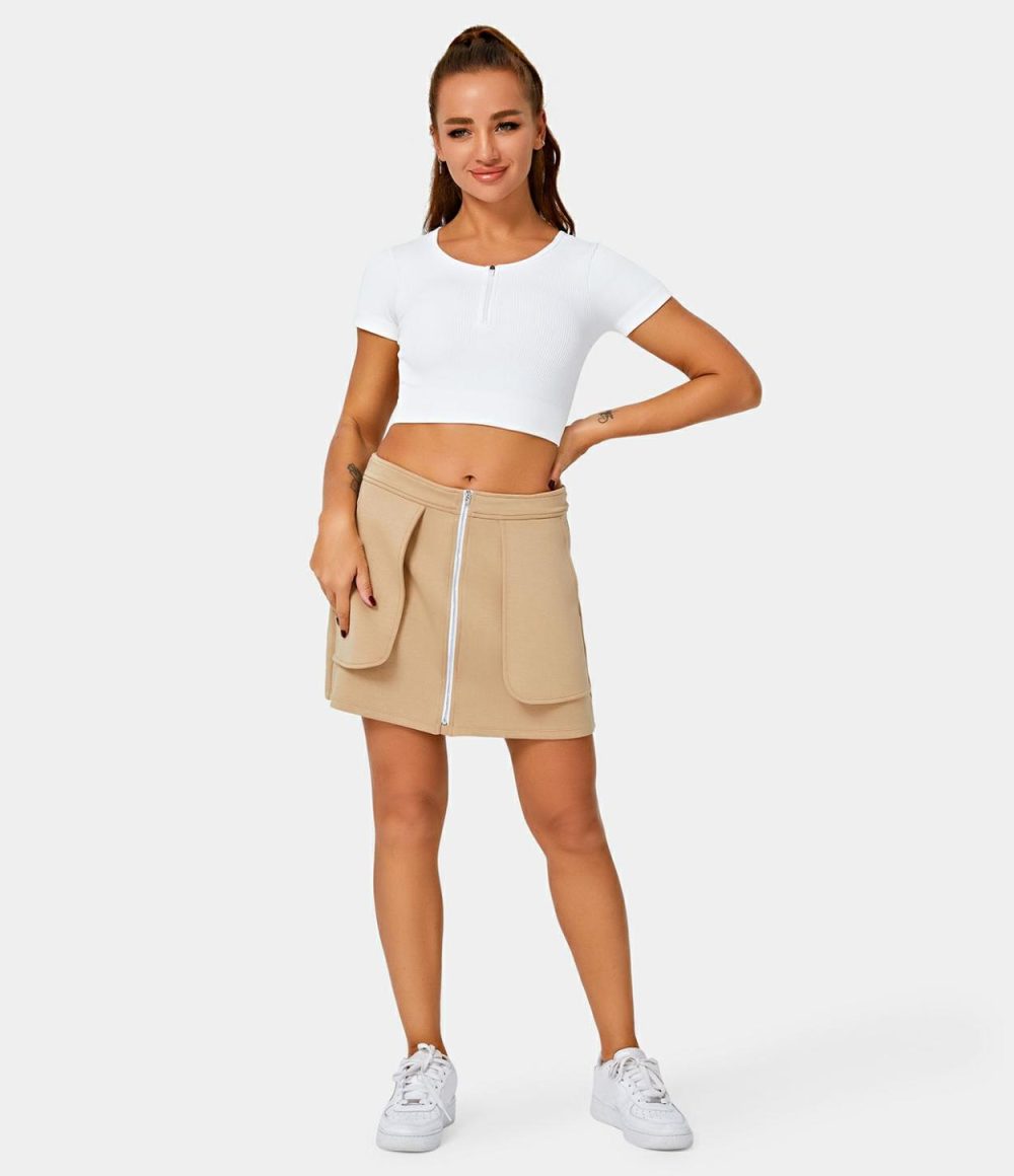 Mid Rise Front Zip Side Pocket Plain Mini Skirt  | Womens  Mini Skirts Clothing Khaki