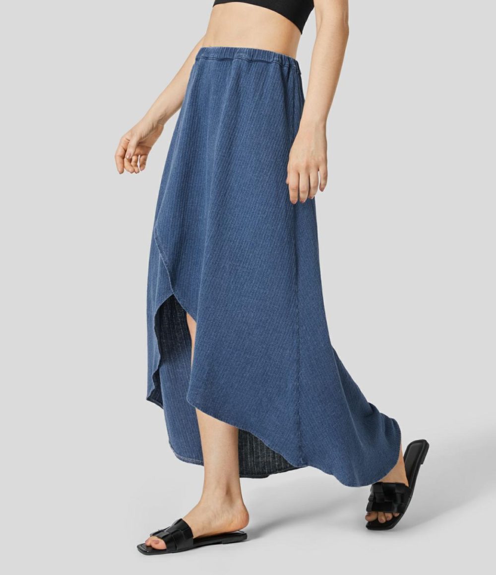 Mid Rise High Low Midi Flowy Washed Stretchy Knit Denim Casual Skirt  | Womens  Denim Shorts Clothing Dark Blue Knit Denim/Dark Marl Blue Denim