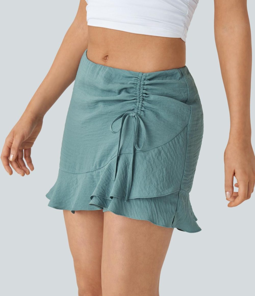 Mid Rise Invisible Zipper Drawstring Ruched 2-in-1 Ruffle Hem Mini Casual Linen-Feel Skirt  | Womens  Mini Skirts Clothing Black/Morning Dew Green