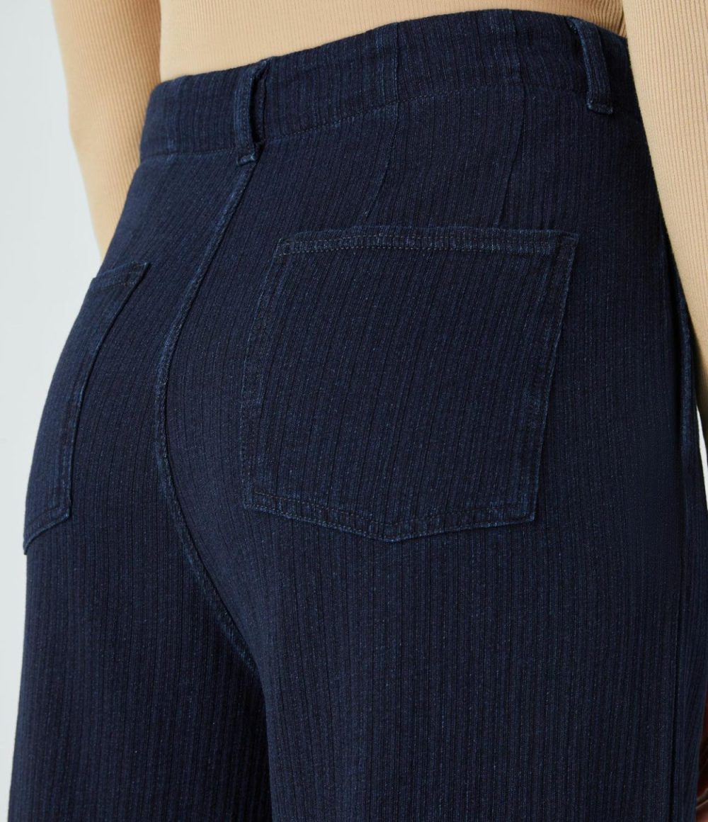 Mid Rise Multiple Pockets Barrel Leg Washed Stretchy Knit Casual Carrot Jeans  | Womens  Denim Shorts Clothing Blue Bush Denim/Dark Marl Blue Denim