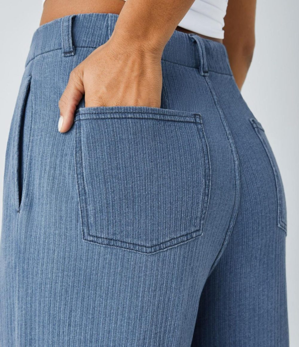 Mid Rise Multiple Pockets Barrel Leg Washed Stretchy Knit Casual Carrot Jeans  | Womens  Denim Shorts Clothing Blue Bush Denim/Dark Marl Blue Denim