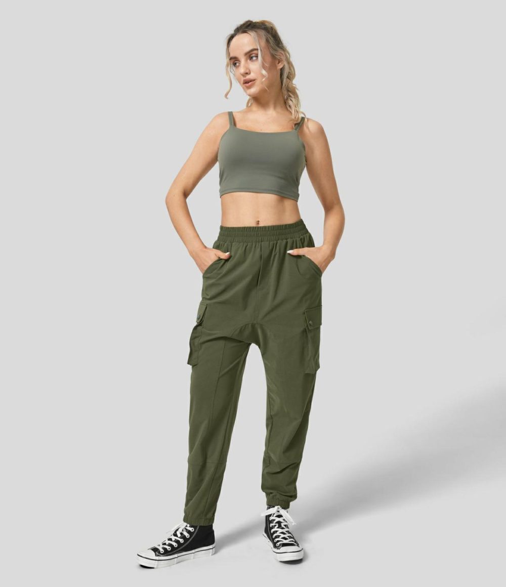 Mid Rise Multiple Pockets Hiking Harem Cargo Pants  | Womens  Cargo Pants Cargo Pants Black/Deep Spring Green