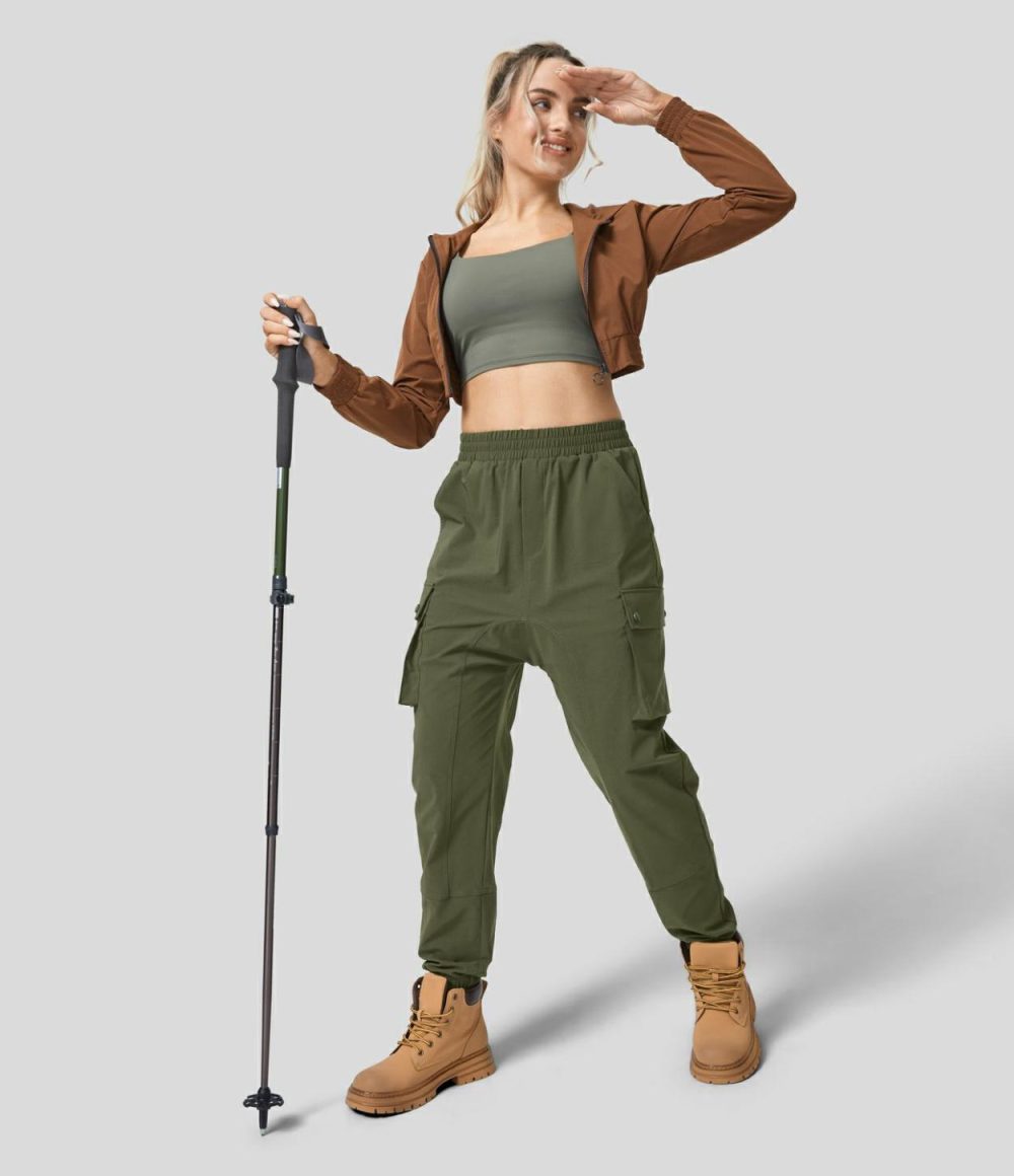 Mid Rise Multiple Pockets Hiking Harem Cargo Pants  | Womens  Cargo Pants Cargo Pants Black/Deep Spring Green