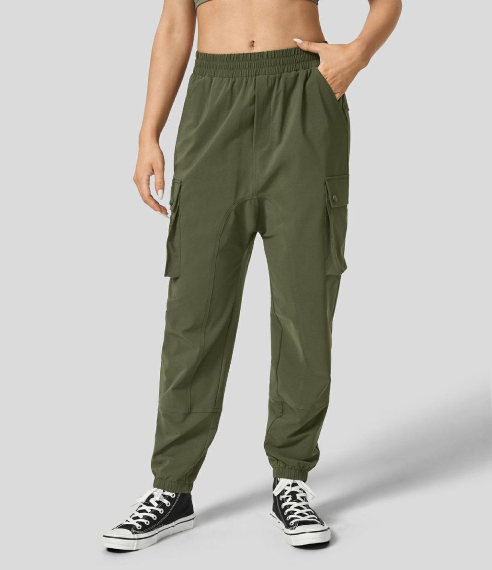 Mid Rise Multiple Pockets Hiking Harem Cargo Pants  | Womens  Cargo Pants Cargo Pants Black/Deep Spring Green