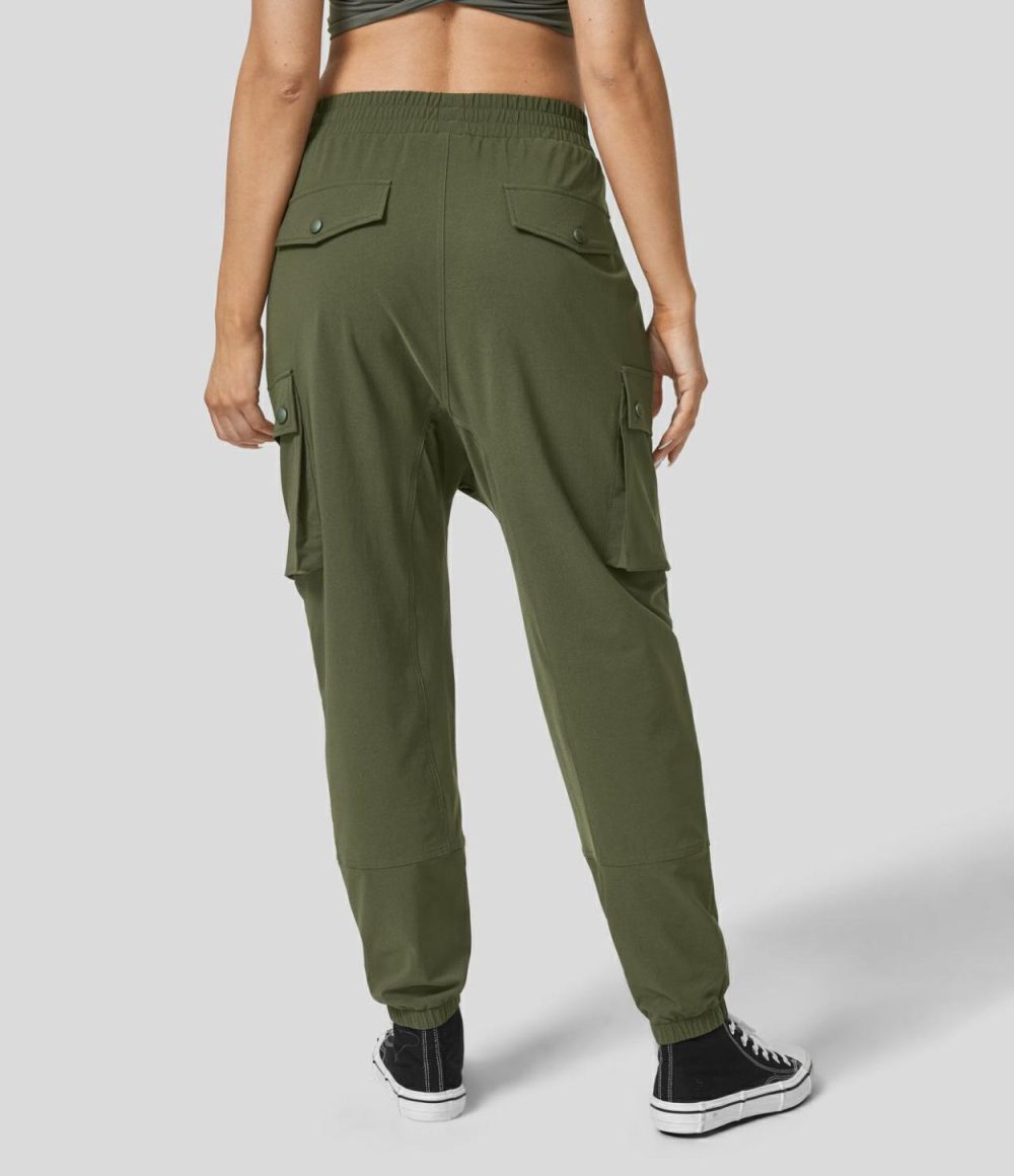 Mid Rise Multiple Pockets Hiking Harem Cargo Pants  | Womens  Cargo Pants Cargo Pants Black/Deep Spring Green