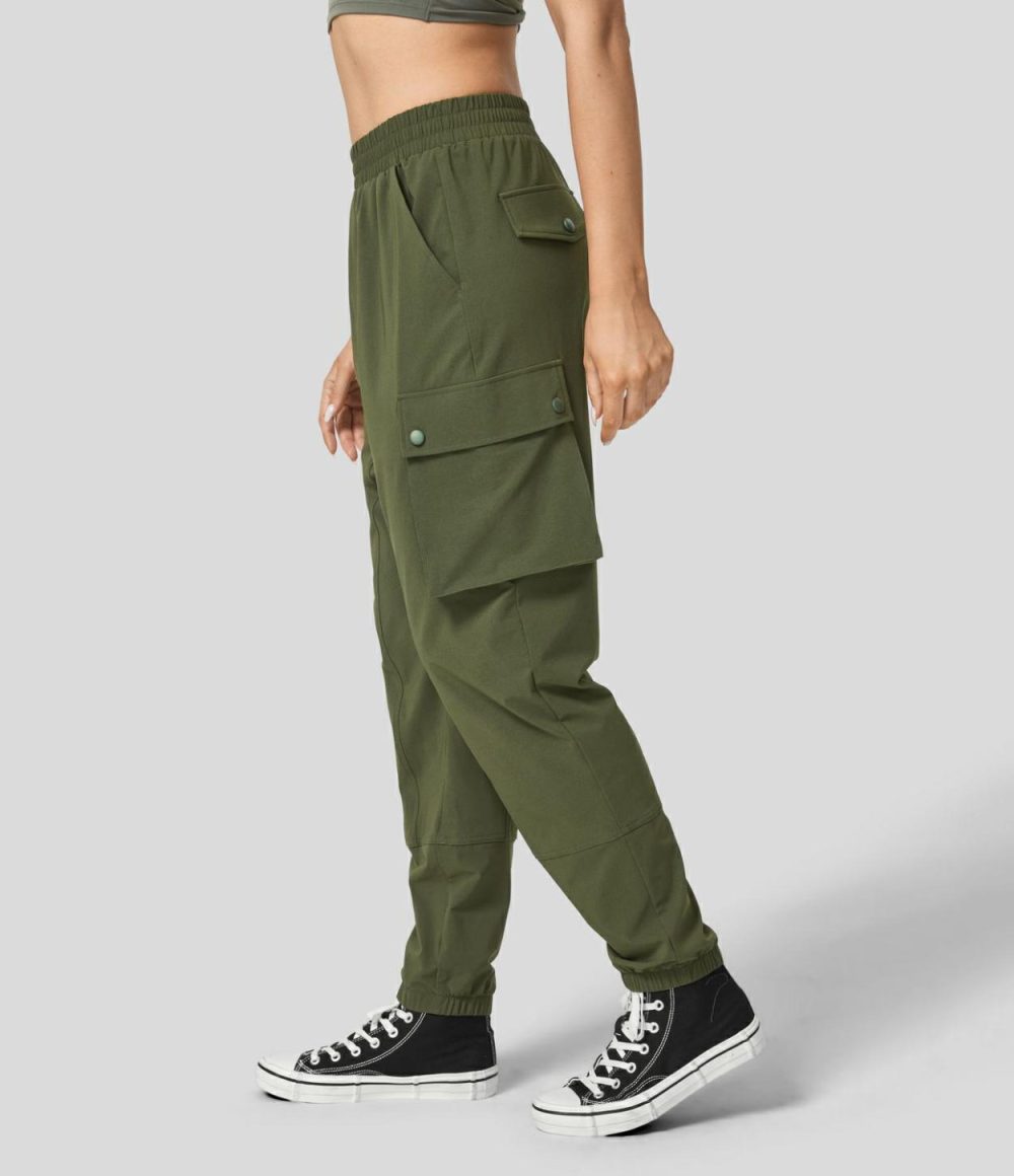 Mid Rise Multiple Pockets Hiking Harem Cargo Pants  | Womens  Cargo Pants Cargo Pants Black/Deep Spring Green