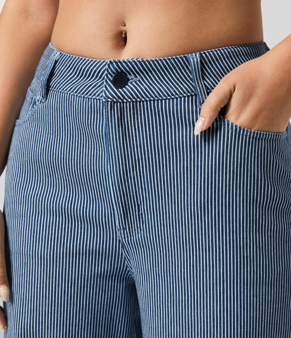 Mid Rise Multiple Pockets Rolled Hem Striped Washed Stretchy Knit Casual Wide Leg Jeans  | Womens  Denim Shorts Clothing Denim Shorts