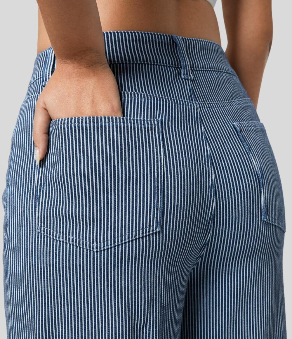 Mid Rise Multiple Pockets Rolled Hem Striped Washed Stretchy Knit Casual Wide Leg Jeans  | Womens  Denim Shorts Clothing Denim Shorts