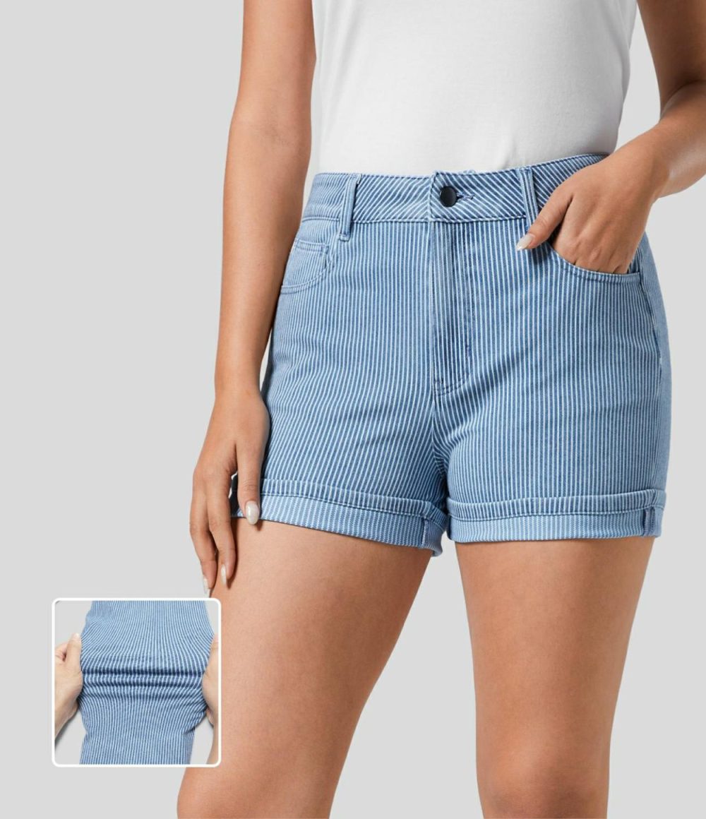 Mid Rise Multiple Pockets Rolled Hem Striped Washed Stretchy Knit Denim Casual Shorts  | Womens  Jeans Clothing Denim Shorts