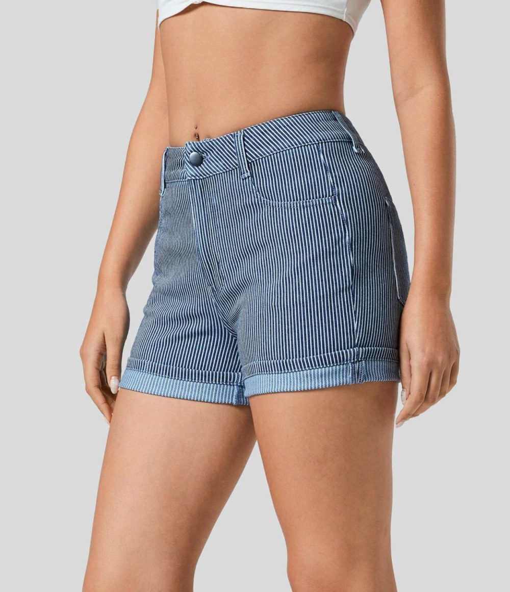 Mid Rise Multiple Pockets Rolled Hem Striped Washed Stretchy Knit Denim Casual Shorts  | Womens  Jeans Clothing Denim Shorts