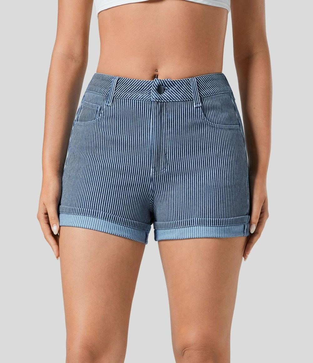 Mid Rise Multiple Pockets Rolled Hem Striped Washed Stretchy Knit Denim Casual Shorts  | Womens  Jeans Clothing Denim Shorts