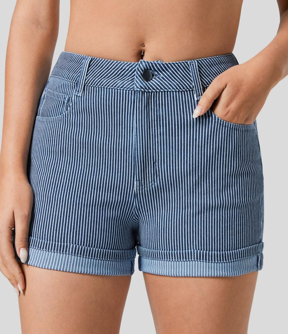 Mid Rise Multiple Pockets Rolled Hem Striped Washed Stretchy Knit Denim Casual Shorts  | Womens  Jeans Clothing Denim Shorts