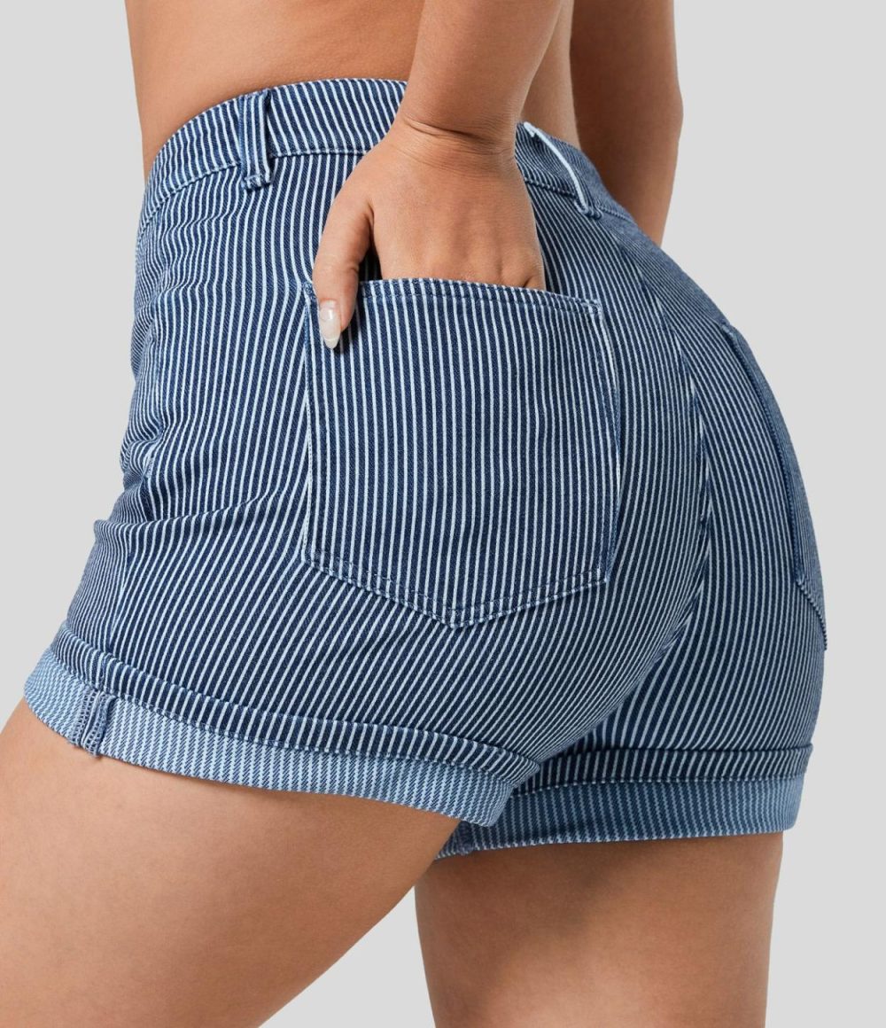 Mid Rise Multiple Pockets Rolled Hem Striped Washed Stretchy Knit Denim Casual Shorts  | Womens  Jeans Clothing Denim Shorts