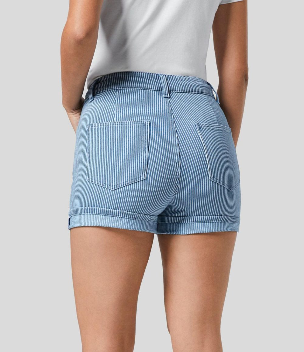 Mid Rise Multiple Pockets Rolled Hem Striped Washed Stretchy Knit Denim Casual Shorts  | Womens  Jeans Clothing Denim Shorts