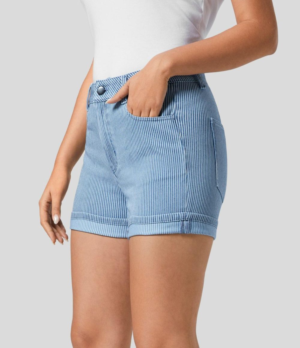 Mid Rise Multiple Pockets Rolled Hem Striped Washed Stretchy Knit Denim Casual Shorts  | Womens  Jeans Clothing Denim Shorts