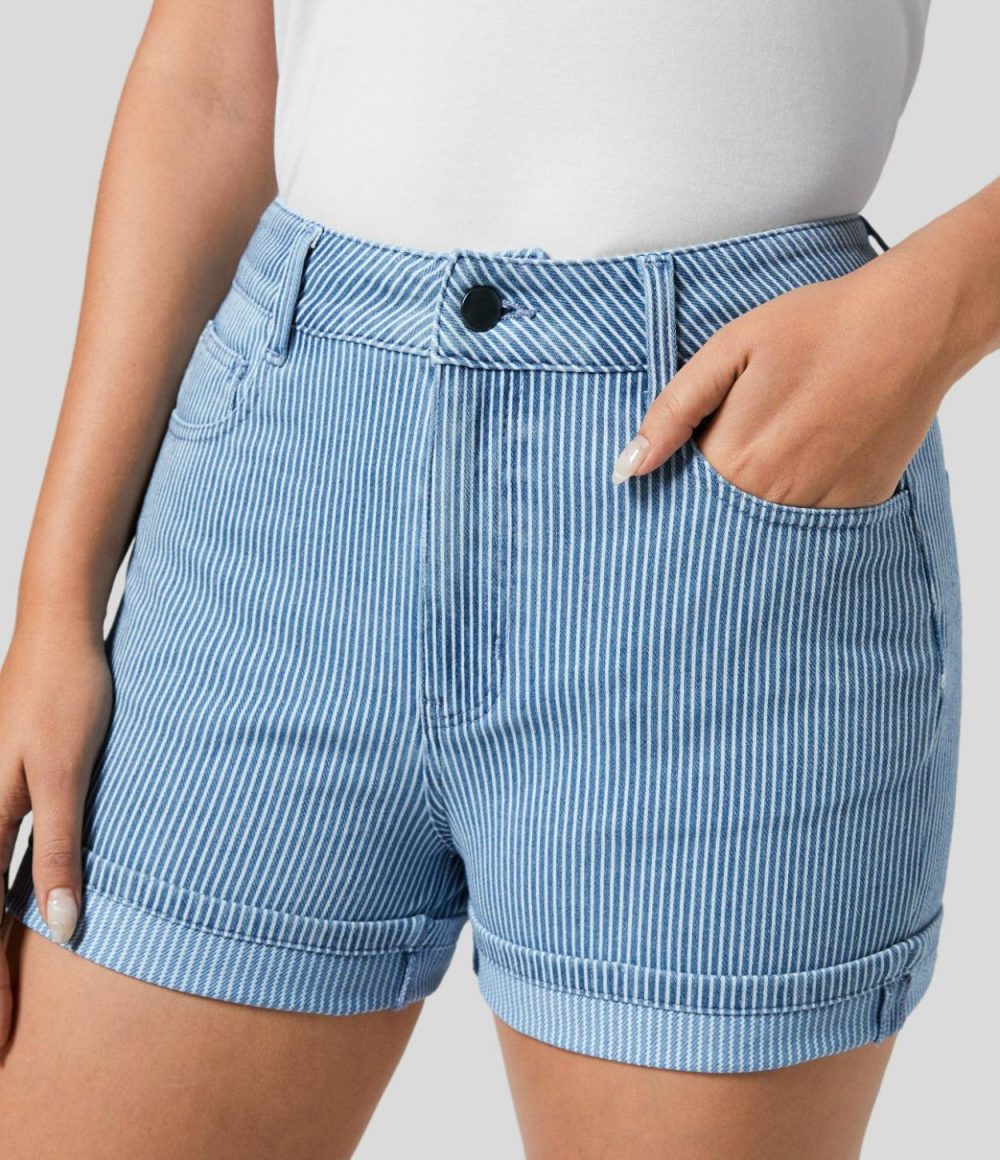 Mid Rise Multiple Pockets Rolled Hem Striped Washed Stretchy Knit Denim Casual Shorts  | Womens  Jeans Clothing Denim Shorts