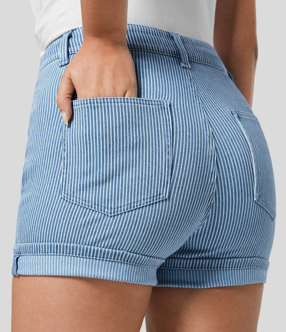 Mid Rise Multiple Pockets Rolled Hem Striped Washed Stretchy Knit Denim Casual Shorts  | Womens  Jeans Clothing Denim Shorts