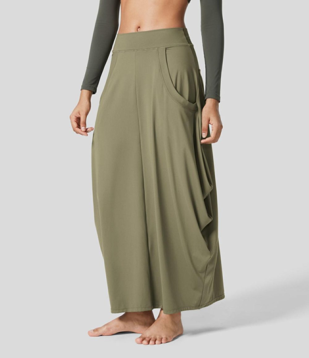 Mid Rise Multiple Pockets Side Draped Maxi Casual Lantern Skirt  | Womens  Everyday Skirts Clothing Everyday Skirts