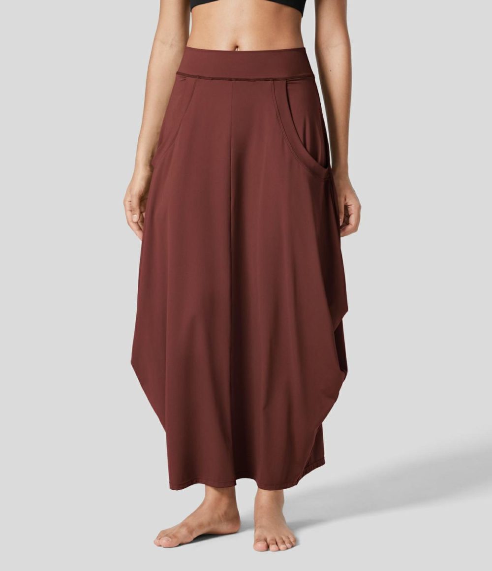 Mid Rise Multiple Pockets Side Draped Maxi Casual Lantern Skirt  | Womens  Everyday Skirts Clothing Everyday Skirts